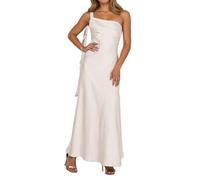 Women's One Shoulder Satin Maxi Dress - Solid Color, Side Tie Detail, High Slit Bodycon Formal Gown for Bridesmaid, Wedding Guest & Evening Party