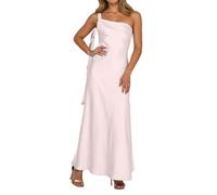 Women's One Shoulder Satin Maxi Dress - Solid Color, Side Tie Detail, High Slit Bodycon Formal Gown for Bridesmaid, Wedding Guest & Evening Party