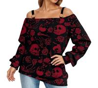 Women's One Shoulder Shirt Skull Pattern Casual Top with Asymmetric Neckline | Gothic Style Long Sleeve Shirt for Party, style_s01 red, XXL