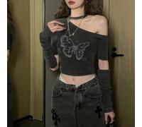 Women's One Shoulder Slim T-Shirt Short Sleeve Halter Top(Gray M)