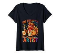 Womens One Thankful Artist Thanksgiving Turkey Design V-Neck T-Shirt