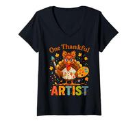 Womens One Thankful Artist Thanksgiving Turkey Design V-Neck T-Shirt