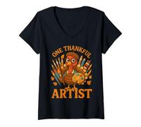 Womens One Thankful Artist Thanksgiving Turkey Design V-Neck T-Shirt