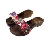 Women's One Word Dragging Wooden Clogs Slippers,Japanese Traditional Clogs Geta Sandals Round Headed High Heels Wooden Clogs Shoes(Size:EU 37,Color:Red)