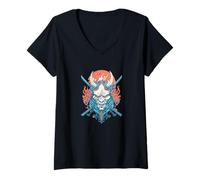 Womens Oni Demon Katana Samurai Fire Mask V-Neck T-Shirt