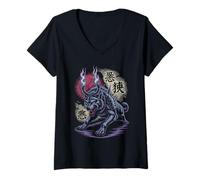Womens Oni Demon Wolf with Horns and Fire Japanese Legend V-Neck T-Shirt