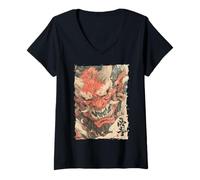Womens Oni Mask Tattoo - Japanese Yokai V-Neck T-Shirt