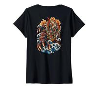Women's Oni Monster Kaiju Vintage Japanese Tattoo Style on the Back V-Neck T-Shirt