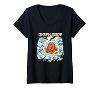Women's Onsen Mode Relaxation Japanese Hot Snow Monkey Humor Spring V-Neck T-Shirt