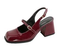 Women's Open Back Mary Jane Heels with Square Toe and Chunky Block Heel, Slingback Pumps Patent Leather for Wedding Guest & Formal Events,Burgundy,8 UK