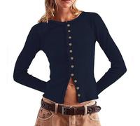 Womens Open Front Button Up Cropped Cardigan Ribbed Knit Long Sleeve Shirt Casual Solid Crop Top Cardigan Sweaters(Navy, XL)