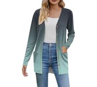 Womens Open Front Cardigans - Womens Long Sleeve Cardigan With Pocket Lightweight Knitted Longline Outerwear Gradient Ribbed Knit Jumper Mid-Lendth Buttons For Cardigan Knitwear V Neck Top Tee