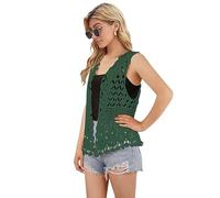 Women's Open Front Crocheted Floral Lace Crochet Bohemian Trim Sleeveless Cardigan, Green, One size