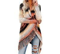 Women's open front Knited Tassels Slash Loose Cardigan Crew Neck Speckled Fringe Sweater Outwear, Multicolor Striped, L