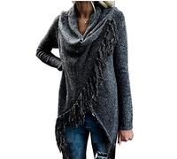 Women's Open Front Knited Tassels Slash Loose Knitwear Cardigan Crew Neck Speckled Fringe Sweater Outwear, Black, XXL