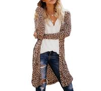 Women's Open Front Leopard Print Cardigan Long Sleeves Long V Neck Coats Sweater Casual Outwear Loose Fit with Pockets Shawl Boho Ladies Longline Jackets Fall Spring Top Coats (Leopard,3XL)