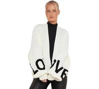 Womens Open Front Love Print Knitted Cardigans Ladies Casual Soft Warm Oversized Two Pocket Balloon Sleeves Slouchy Knitwear Boyfriend Short Cardigan Sweater Top Jumper UK One Size Cream 10-22