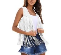 Women's Open Front Western Vest Soft Faux Suede 70s Hippie Waistcoat with Fringe Sleeveless Vintage Boho Festival Y2K Jacket