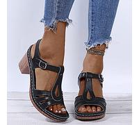 Women's Open Toe Ankle Strap Low Block Chunky Heels Sandals Ladies Summer Leather Wedge Sandals Comfy Buckle Design Party Dress Pumps Shoes,Black,US7/EU38