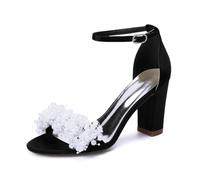 Women's Open Toe Bridal Shoes with Pearl Fringe Chunky High Heel Wedding Sandals Ankle Strap Bridesmaid Shoes,Black,4 UK