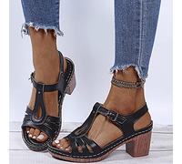 Women's Open Toe Buckle Ankle Strap Platform Wedge Sandals Summer Hollow Mid Block Heel Sandal Faux Leather Comfy Beach Walking Shoes,Black,US7/EU38