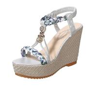 Women's Open Toe Hollow Color Block Elastic Ankle Strap Platform Wedge Sandals, Comfortable Non-slip Boho Beach Sandals, for All Kinds of Clothes Such as Jeans, Casual Pants, Skirts(Silver,5.5 UK)