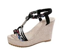Women's Open Toe Hollow Color Block Elastic Ankle Strap Platform Wedge Sandals, Comfortable Non-slip Boho Beach Sandals, for All Kinds of Clothes Such as Jeans, Casual Pants, Skirts(Black,7 UK)