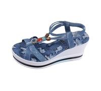 Women's Open Toe Open Toe Wedge Sandals Thin Cross Straps with Beaded Embellishments and Detail Jewel Strap Back Thick Platform Bohemian Beach Holiday Outings Summer, 01 Blue, 8 UK