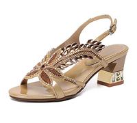 Women's Open Toe Rhinestone Dress Sandals Low Heel Wedding Shoes Crystal Jeweled Sandal Shoes for Summer Beach Oceanside Holiday Outdoor,Beige,43 EU/12 US