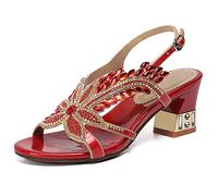 Women's Open Toe Rhinestone Dress Sandals Low Heel Wedding Shoes Crystal Jeweled Sandal Shoes for Summer Beach Oceanside Holiday Outdoor,Red,43 EU/12 US