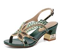 Women's Open Toe Rhinestone Dress Sandals Low Heel Wedding Shoes Crystal Jeweled Sandal Shoes for Summer Beach Oceanside Holiday Outdoor,Green,37 EU/6 US