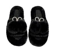 Womens Open Toe Slippers With Pom Poms, Womens Open Toe Plush Slippers, Trendy Lightweight Home Shoes Solid Color Non-Slip Sliders Casual Cozy Indoor Shoes Soft Fuzzy Slides For Indoor Outdoor