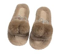Womens Open Toe Slippers With Pom Poms, Womens Open Toe Plush Slippers, Trendy Lightweight Home Shoes Solid Color Non-Slip Sliders Casual Cozy Indoor Shoes Soft Fuzzy Slides For Indoor Outdoor