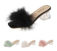 Women's Open Toe Stiletto Heel Mules Sandals Fluffy Feather Slip on Clear High Heels Wedding Bridal Party Dress Pink