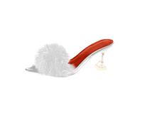 Women's Open Toe Stiletto Heel Mules Sandals Fluffy Feather Slip on Clear High Heels Wedding Bridal Party Dress with Square/Pointed Open Toe 6 A_White