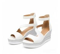 Women's Open Toe Wedge Gladiator Sandals Size 6.5 White Soft PU Leather Upper Platform Sandals with Back Zip Ankle Strap Summer Peep Toe High Top Sandal Sandle