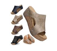 Women's Open Toe Wedge Sandals with Cork Platform and Slip-On Design | Strap upper, open toe, backless entry, padded insole, contoured cork wedge, holidays, beach trips and everyday summer wear