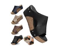 Women's Open Toe Wedge Sandals with Cork Platform and Slip-On Design | Strap upper, open toe, backless entry, padded insole, contoured cork wedge, holidays, beach trips and everyday summer wear