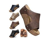 Women's Open Toe Wedge Sandals with Cork Platform and Slip-On Design | Strap upper, open toe, backless entry, padded insole, contoured cork wedge, holidays, beach trips and everyday summer wear