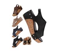 Women's Open Toe Wedge Sandals with Cork Platform and Slip-On Design | Strap upper, open toe, backless entry, padded insole, contoured cork wedge, holidays, beach trips and everyday summer wear