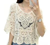 Women's Openwork Crochet Bell Sleeve Top Lightweight Summer Blouse Loose Fit Beach Cover Up One Size(Apricot One Size)