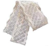 Women's Openwork Diamond Pattern Floral Lace Scarf With Bow Korean Style Adjustable Length White Polyester Headwrap For Spring Summer Daily Wear Elegant Hair Accessory (Beige 1)