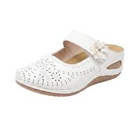 Women's Openwork Mary Jane Flats Womens Perforated Floral Decor Mule Wedge Sandals Adjustable Strap Orthopedic Cushioned Insole Non Slip Comfort Casual Slip On Shoes White