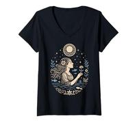 Womens Ophelia Moonlight Woman with Flower Under Stars and Moon V-Neck T-Shirt