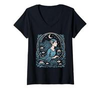 Womens Ophelia Moonlight Woman with Flower Under Stars and Moon V-Neck T-Shirt