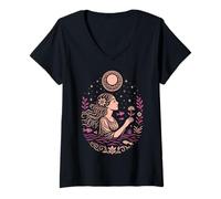 Womens Ophelia Moonlight Woman with Flower Under Stars and Moon V-Neck T-Shirt
