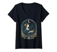 Womens Ophelia Moonlight Woman with Flower Under Stars and Moon V-Neck T-Shirt