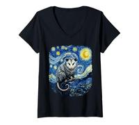 Women's Opossum Perched in Van Gogh Starry Night Impressionist Style V-Neck T-Shirt