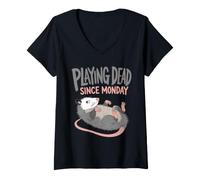Women's Opossum Playing Dead Since Monday Funny Tired Animal Humor V-Neck T-Shirt