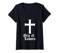 Womens Ora Et Labora - Praying and Working - Catholic V-Neck T-Shirt